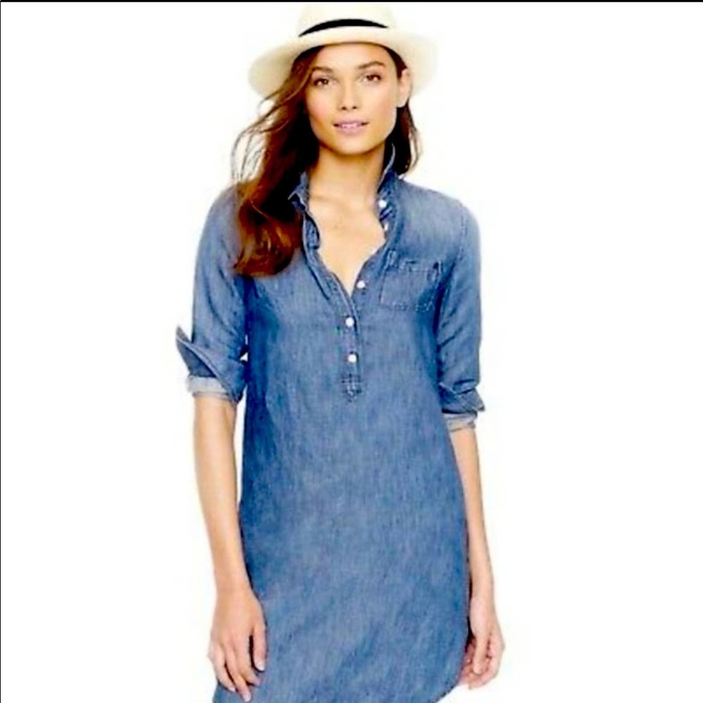 J. Crew Blue Chambray Roll Tab Long Sleeve Henley Pocket Shirt Dress Size 2